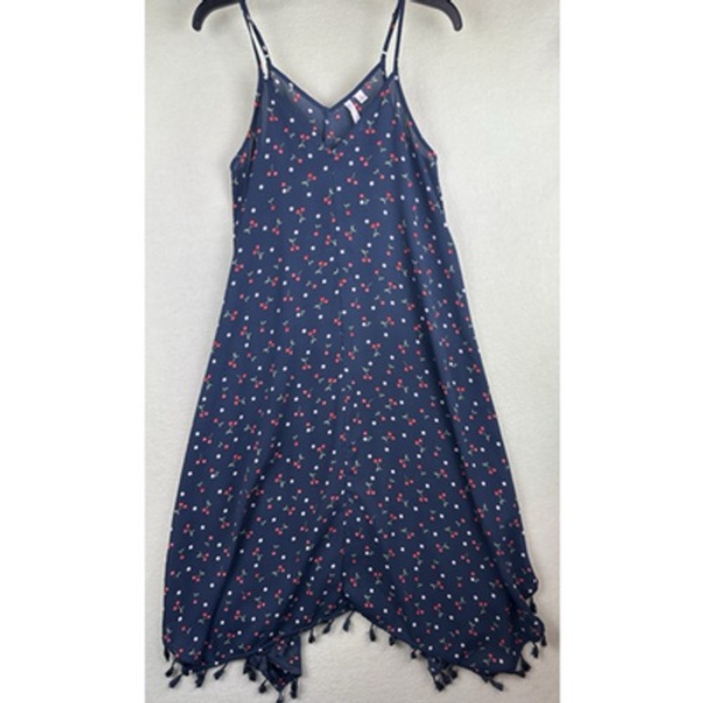 LC Lauren Conrad Blue Cherry Maxi Dress Womens Small V-Neck Handkerchief Hem